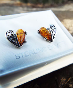 Amber Earrings Hearts Studs Gemstone Stone Handmade Silver Gothic Dark Sterling 925 Jewelry Valentine