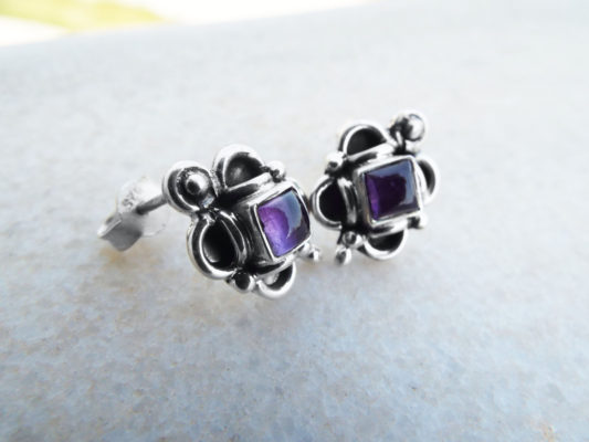 Amethyst Earrings Silver Studs Gemstone Handmade Sterling 925 Purple Gothic Dark Jewelry