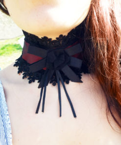 Choker Necklace Collar Gothic Rose Black Organza Red Lace Handmade Jewelry