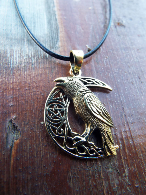 Crow Pendant Moon Crescent Pentagram Star Bronze Handmade Necklace Wicca Wiccan Gothic Dark Magic Protection Jewelry