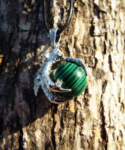 Malachite Pendant Green Gemstone Dragon Silver Necklace Handmade Ball Gothic Dark Jewelry