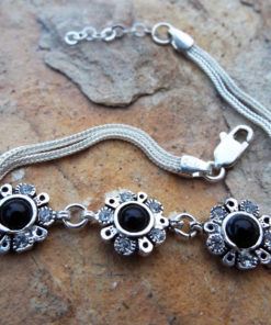 Onyx Bracelet Silver Cuff Dangle Chain Sterling 925 Handmade Black  Gemstone Zircon Gothic Dark Antique Vintage Jewelry