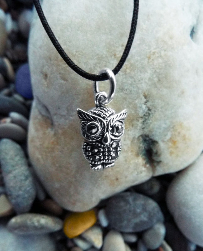 Owl Pendant Silver Marcasite Gemstone Handmade Sterling 925 Necklace Wisdom Jewelry Volcano Protection Symbol Animal Bird