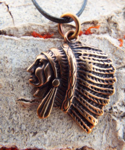 Pendant Bronze Native American Tribal Indian Head Feather Necklace Jewelry