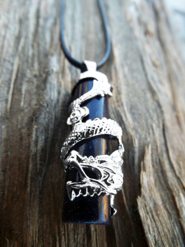 Sandstone Dragon Pendant Gemstone Pendulum Silver Necklace Cylinder Handmade Gothic Magic Dark Wicca Jewelry