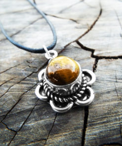Tiger's Eye Pendant Flower Gemstone Silver Necklace Handmade Vintage Antique Stone Gothic Jewelry