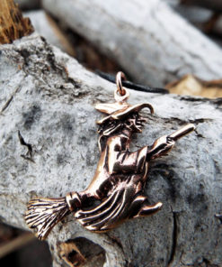 Witch Pendant Broomstick Necklace Handmade Wiccan Wicca Gothic Dark Magic Fly Symbol Bronze Jewelry