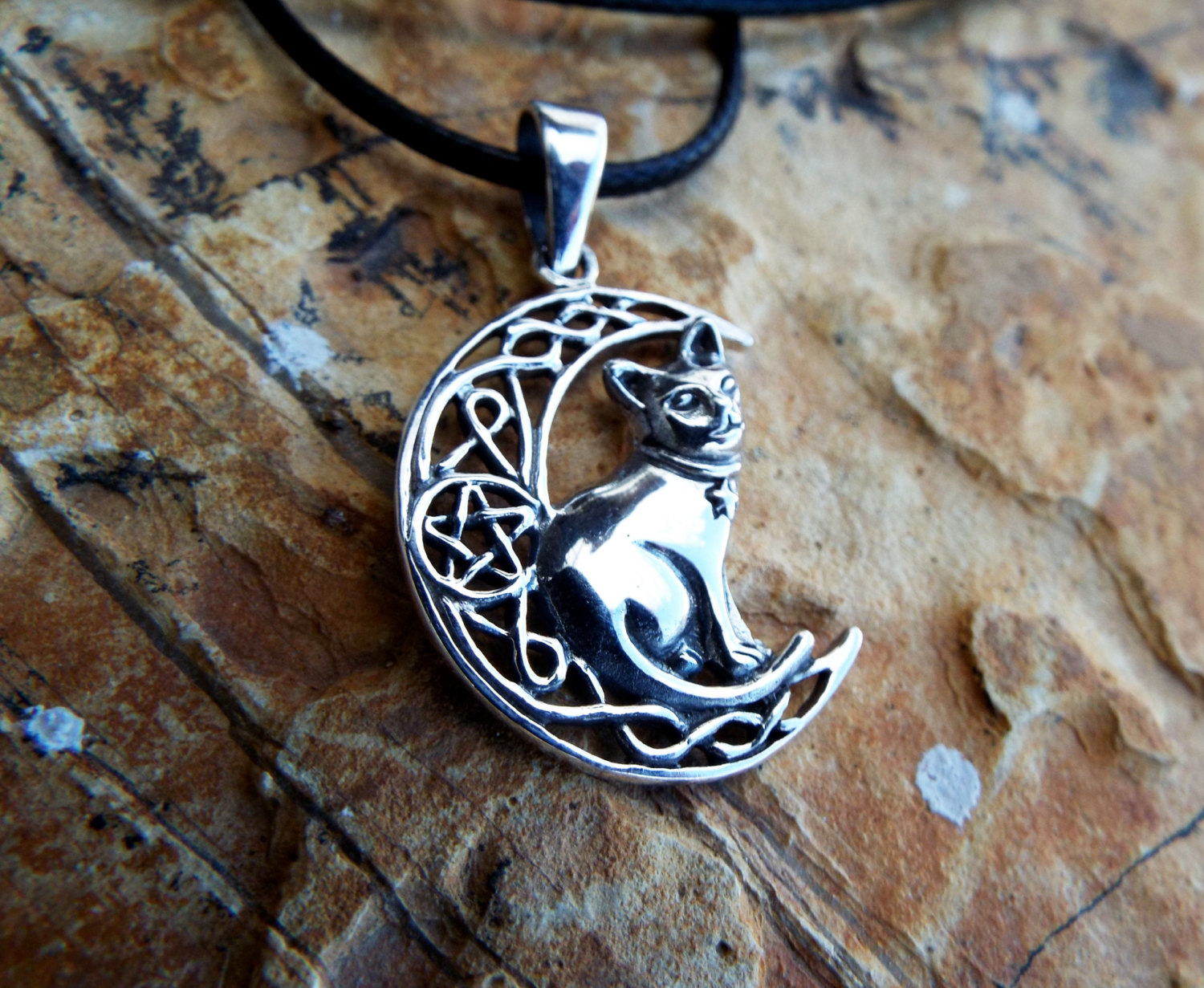 Sterling Silver Cat on the Moon Pendant Necklace