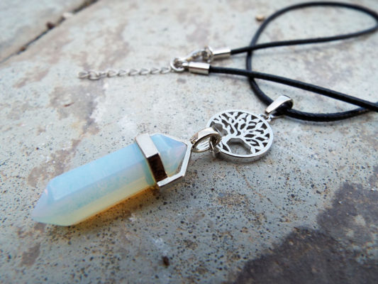 Pendulum Opalite Pendant Tree of Life Gemstone Pointer Silver Necklace Handmade Jewelry