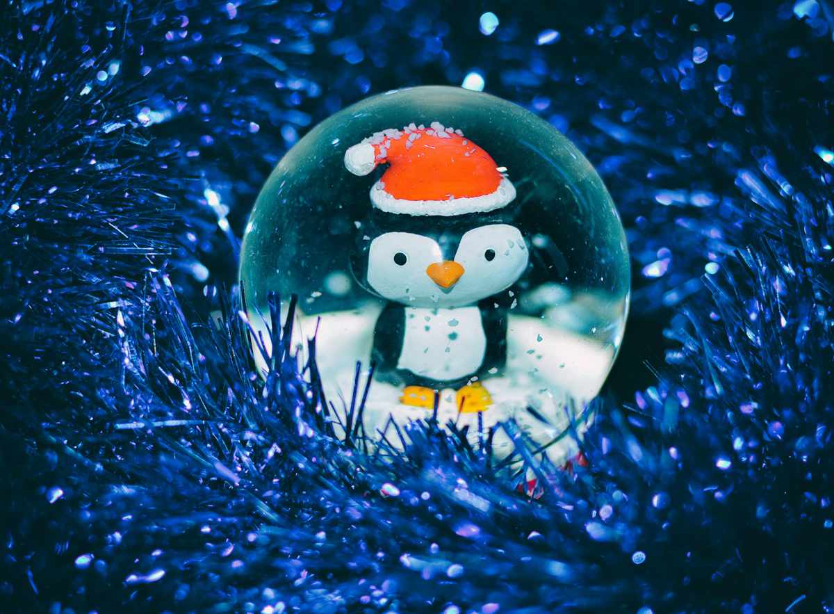 A festive Christmas sale with a playful penguin inside a snow globe, surrounded by sparkling lights and holiday decorations. Don't miss out on amazing discounts for the season!